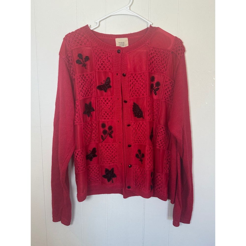 TEDDI  Red Crochet Knit Button Front Cardigan Sweater‎ XL Butterfly Floral